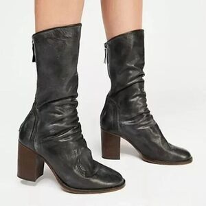 Free People Elle Slouch Boots Women 10 Black Leather High Block Heel Zip Booties